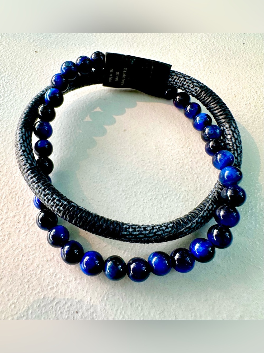 Men's Double Strand Bracelet with Blue Beads and Black Braided Band